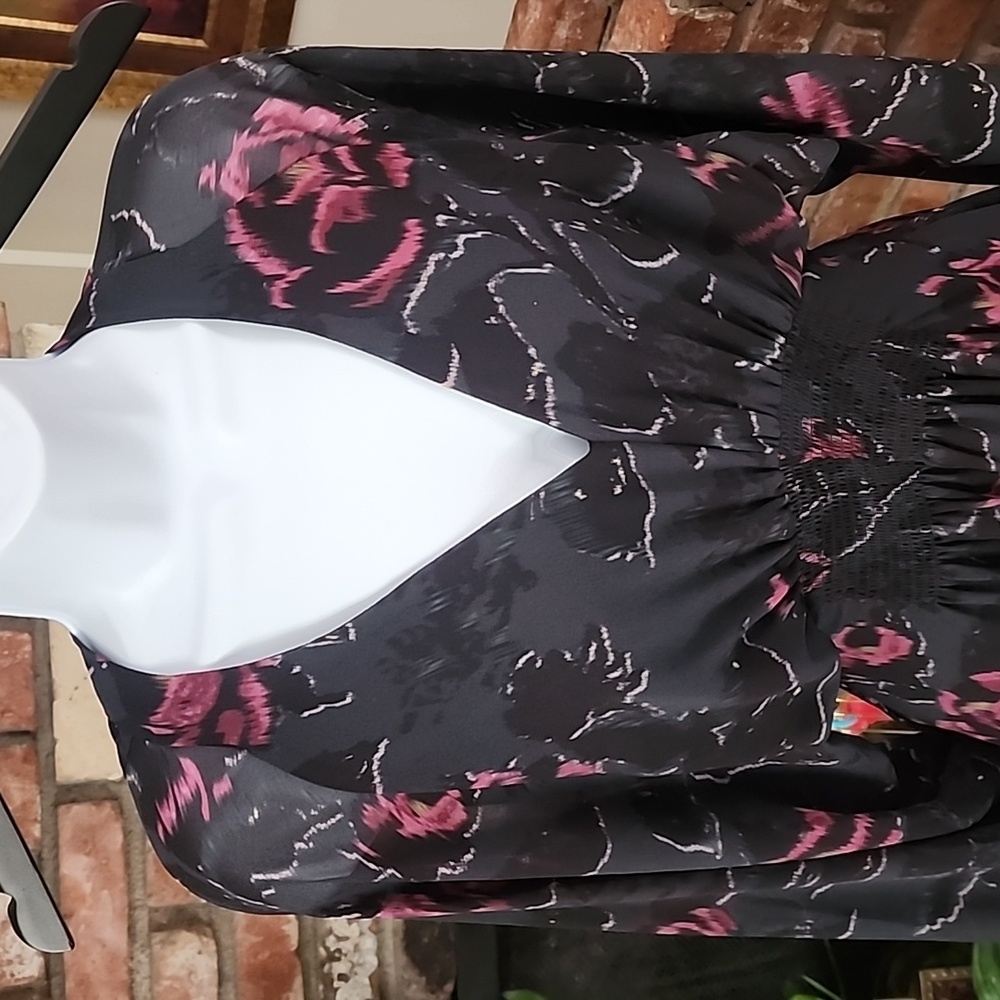 All Saints Nicola Rosalyn Floral Smocked Black and Pink Mini Dress - Picture 3 of 11